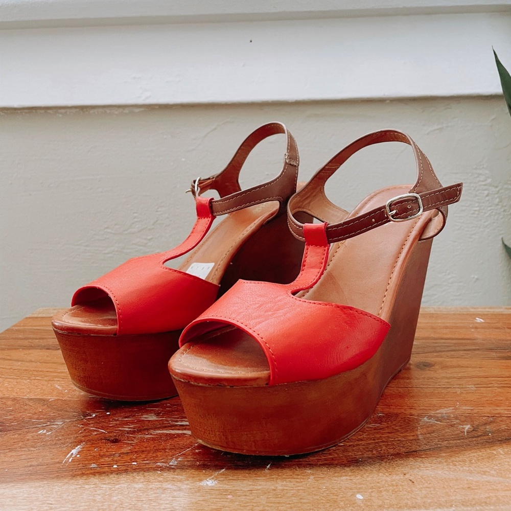 Red and Brown Platform Wedges